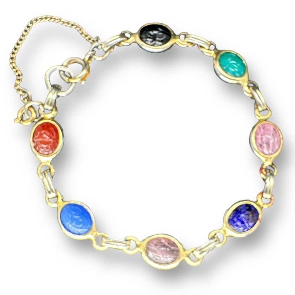 Cabochon Multi-Color Glass Bracelet 7” Gold Plated